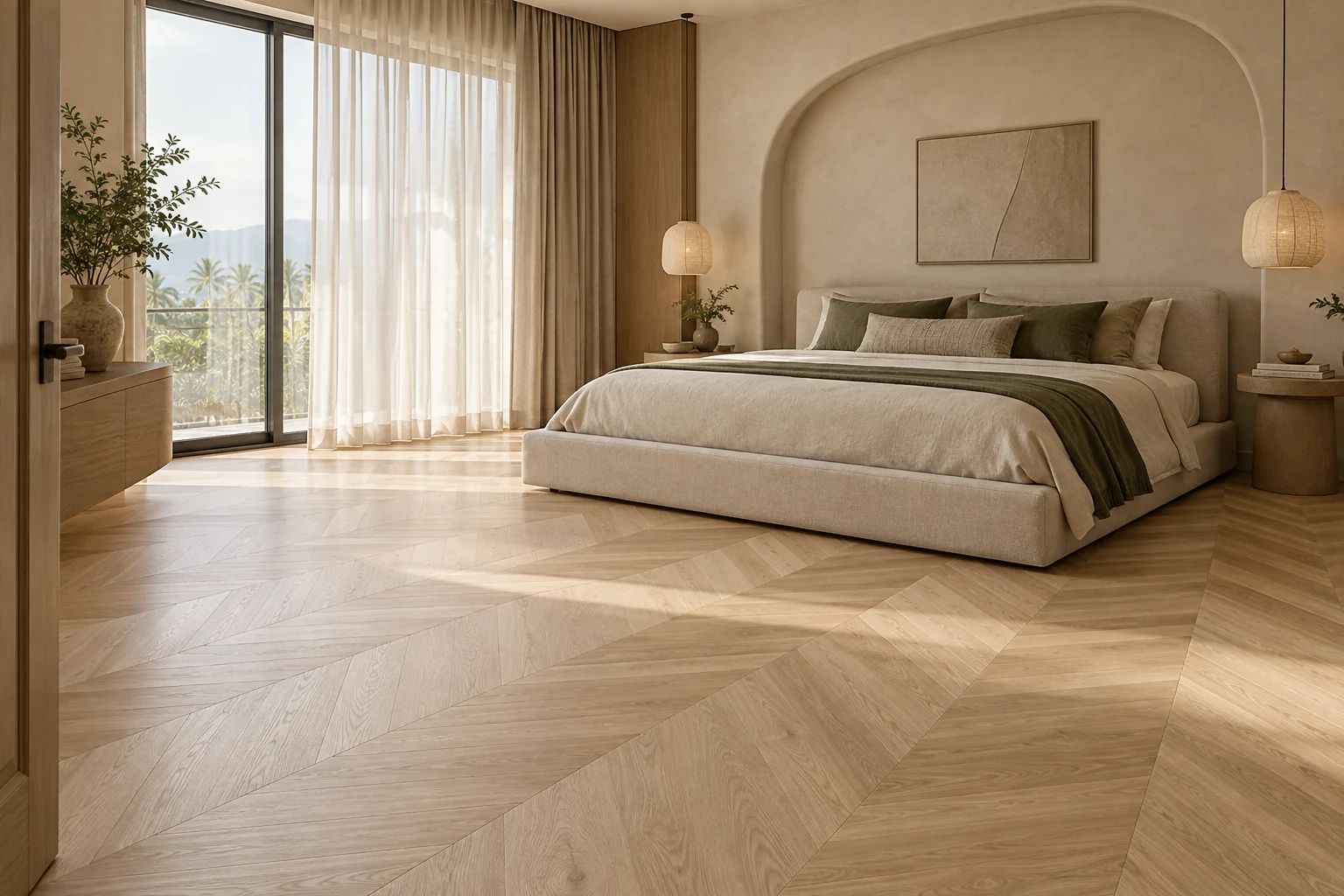 Generated bedroom concept with pale oak chevron flooring and a low linen bed