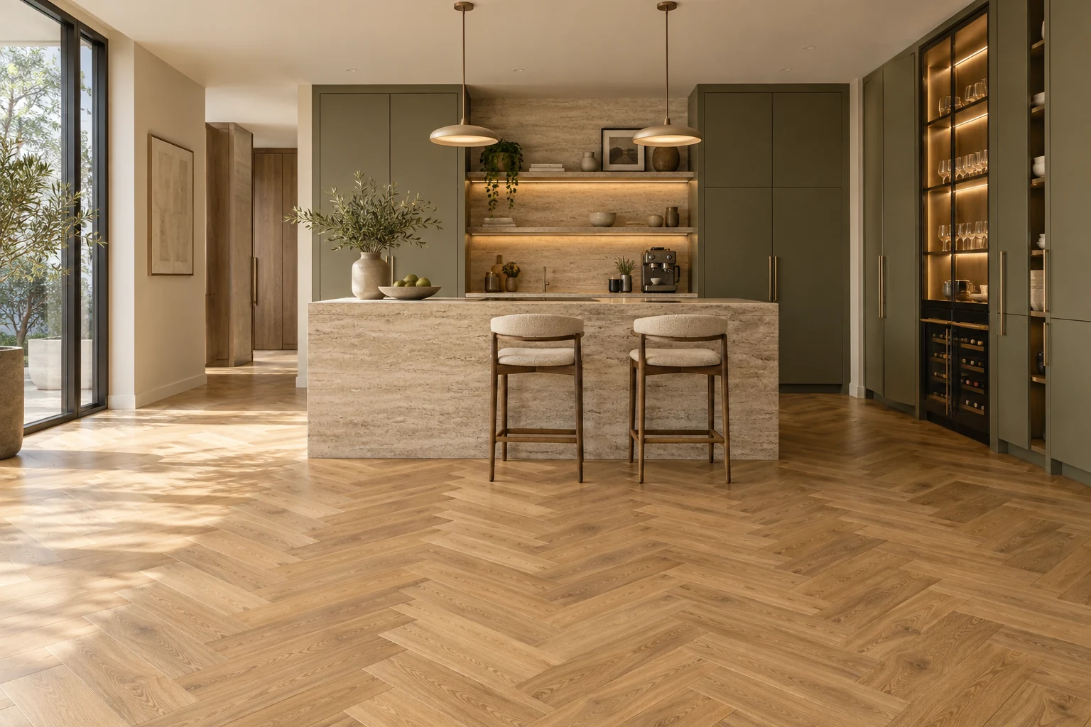 Generated dry-kitchen concept with warm oak herringbone flooring, olive cabinetry and a stone island