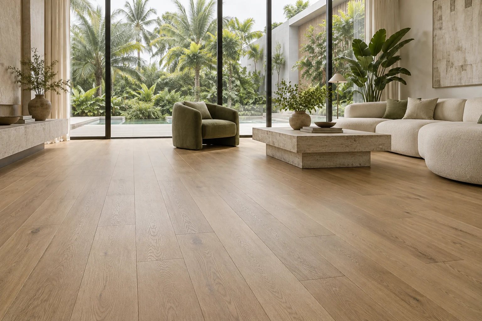 Generated living-room concept with wide natural oak flooring, a cream sofa and olive armchair