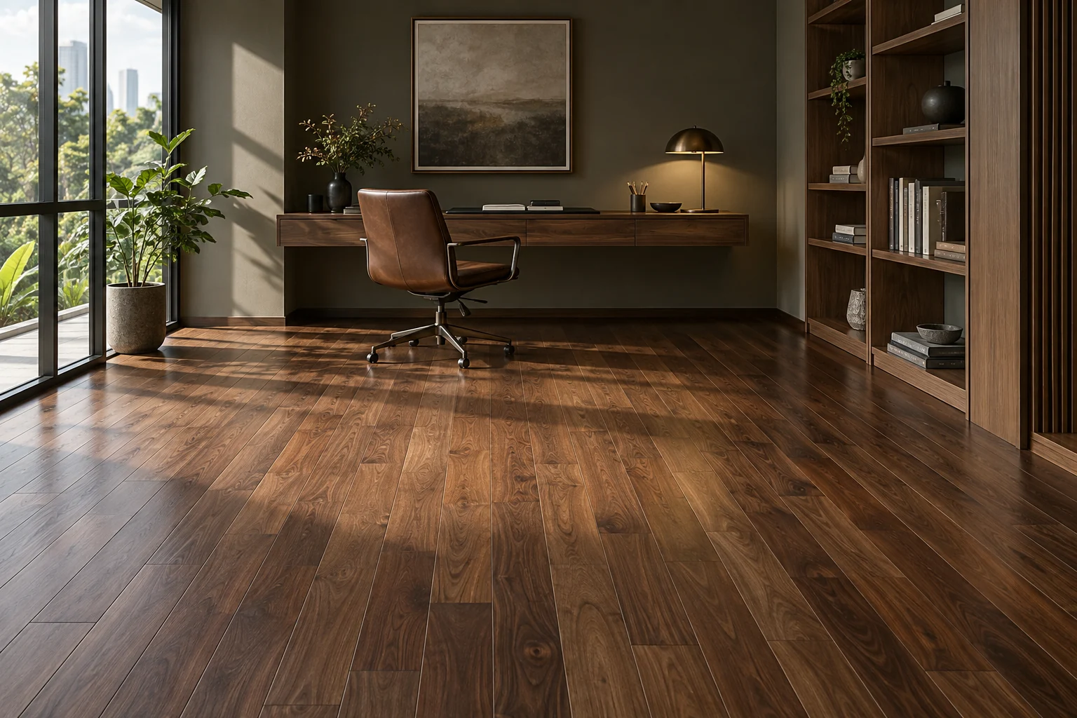 Generated study concept with rich walnut plank flooring and a built-in desk